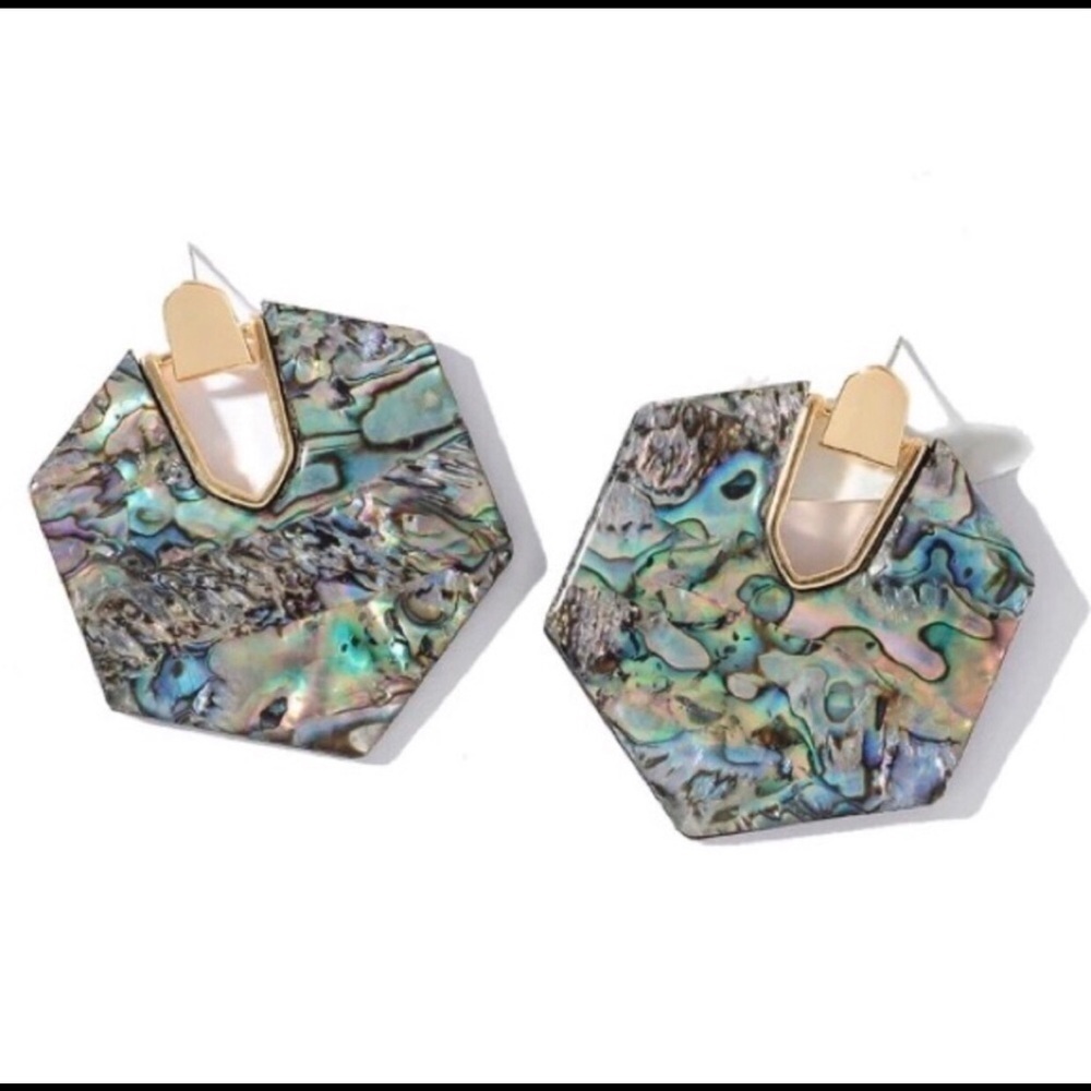 Simulated Abalone Shell Hexagon Dangle Fashion Statement Earrings